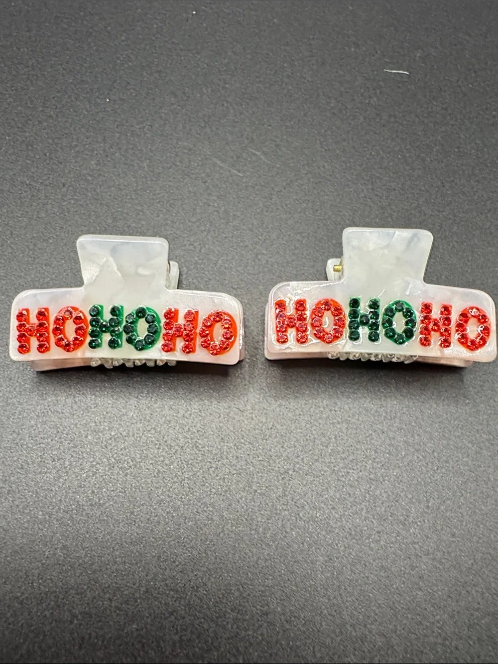 Holiday 'HO HO HO' Resin Hair Clips - Red & Green Rhinestones set of 2